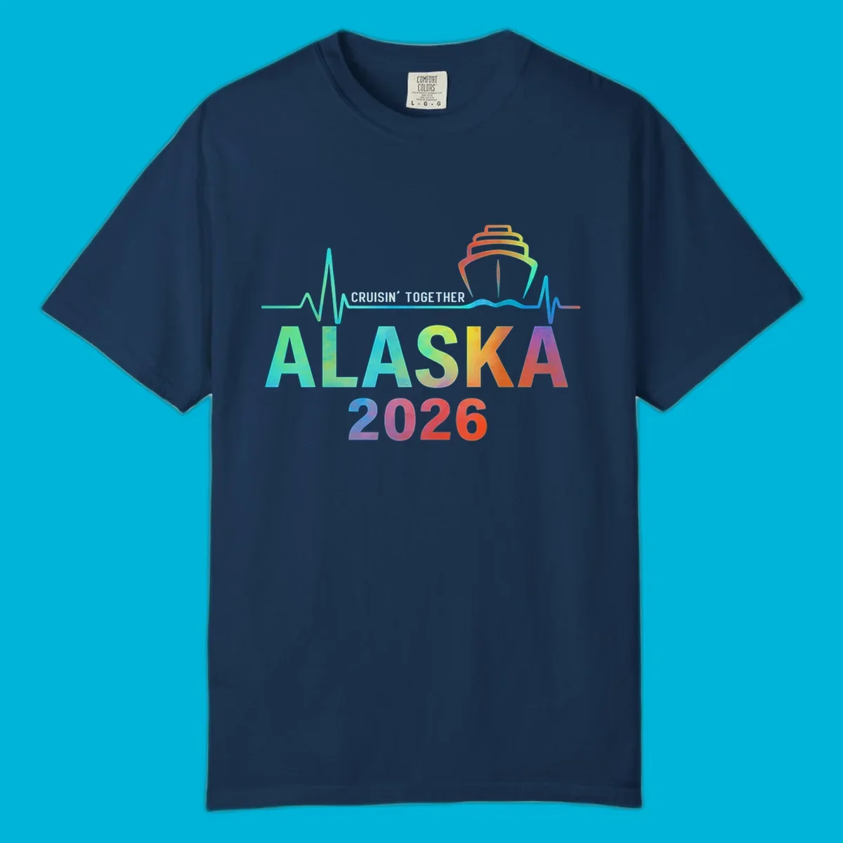 Design for an Alaska 2026 cruise featuring a colorful ship and heartbeat line above gradient text 'ALASKA 2026'.