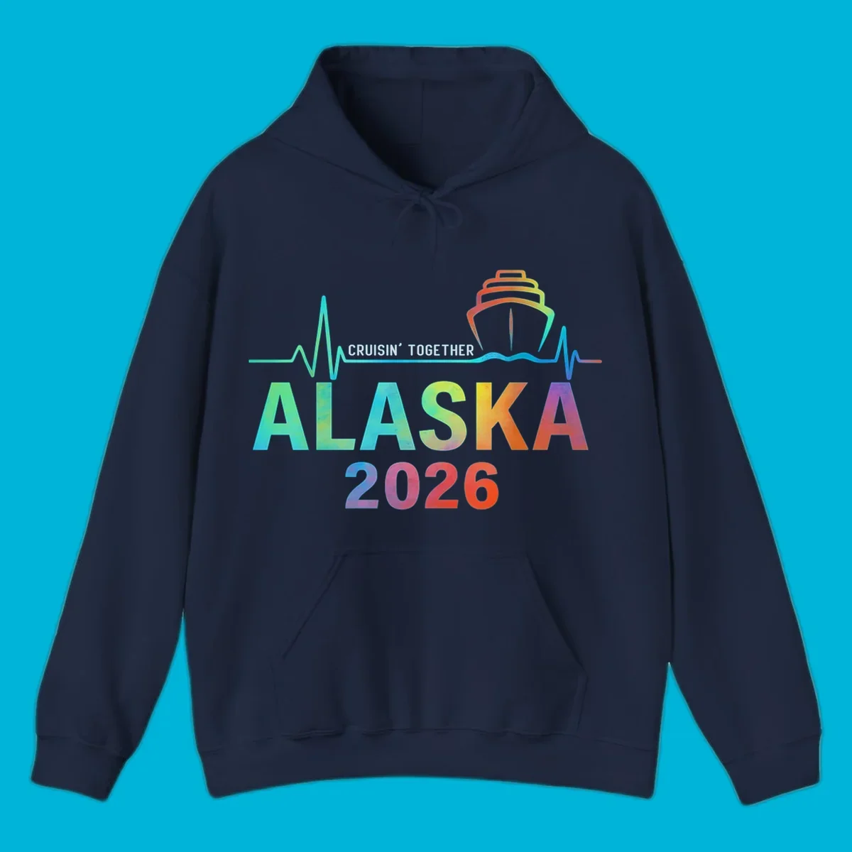 Design for an Alaska 2026 cruise featuring a colorful ship and heartbeat line above gradient text 'ALASKA 2026'.