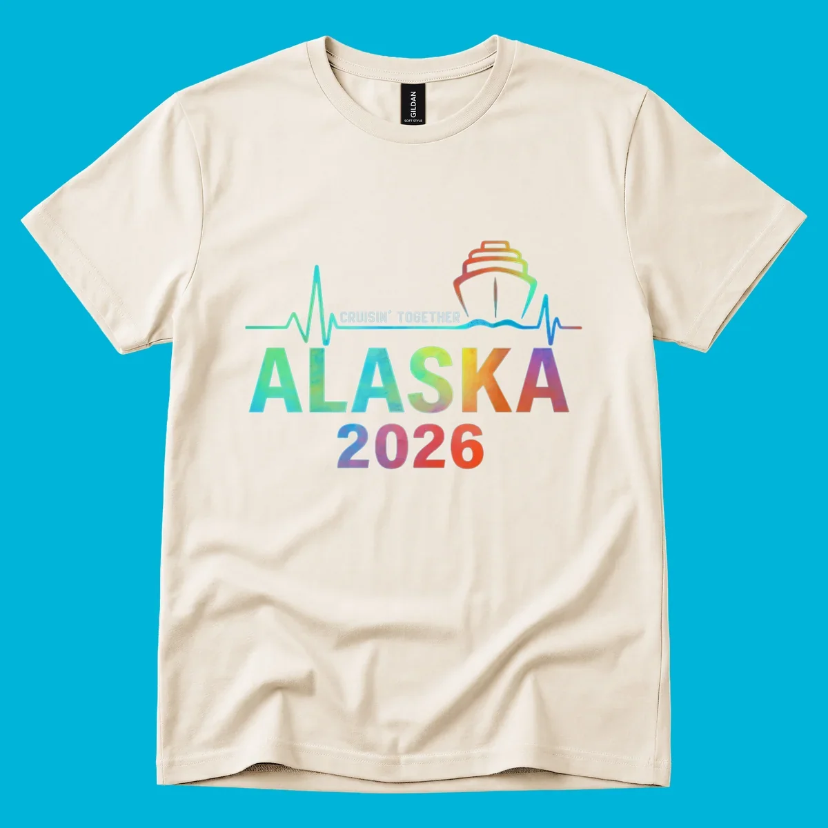 Design for an Alaska 2026 cruise featuring a colorful ship and heartbeat line above gradient text 'ALASKA 2026'.