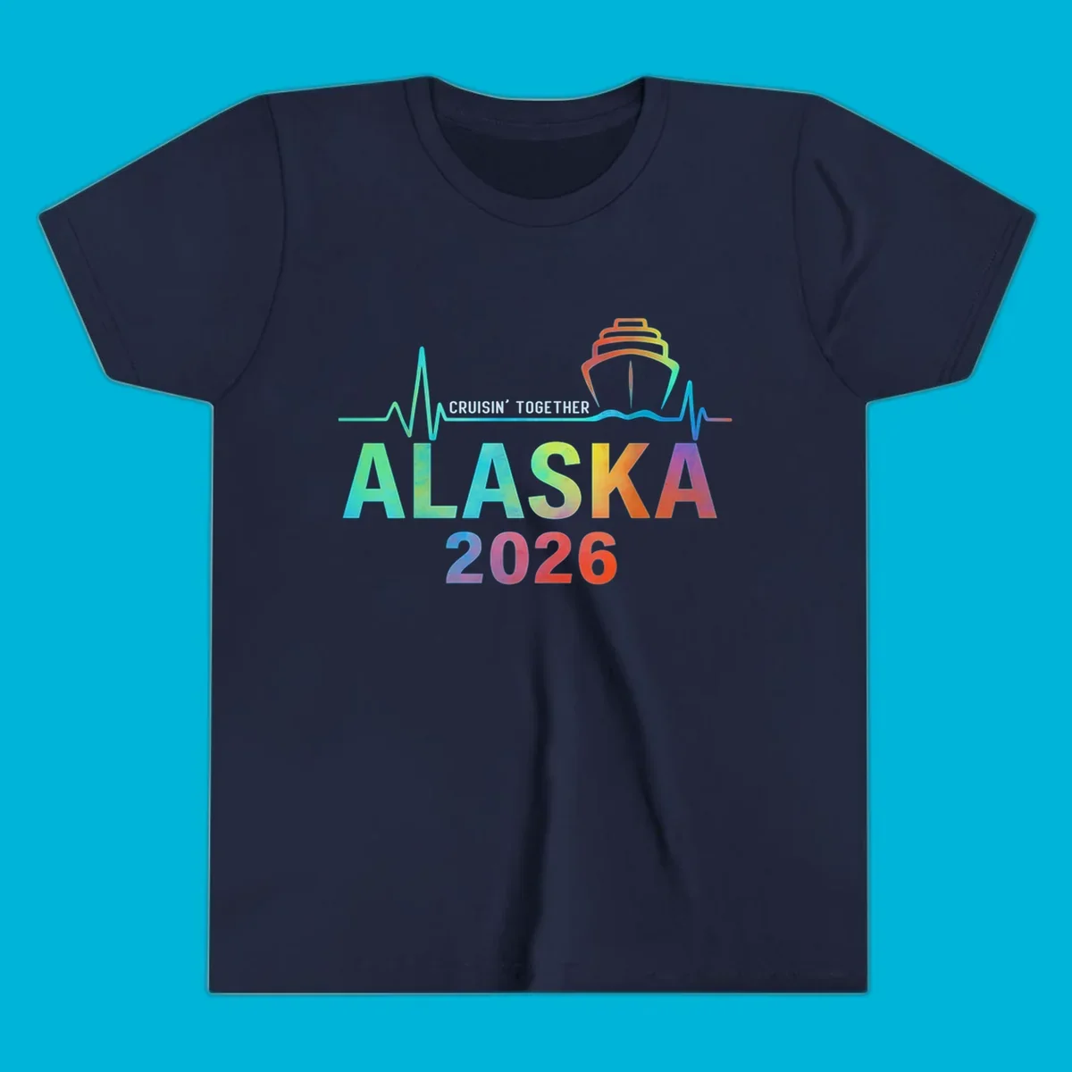 Design for an Alaska 2026 cruise featuring a colorful ship and heartbeat line above gradient text 'ALASKA 2026'.