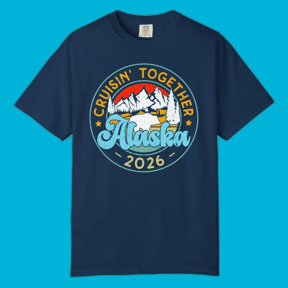 Vintage circular badge design for an Alaska 2026 cruise, with 'Cruisin' Together' text, a bear in a mountain landscape, and pine trees.
