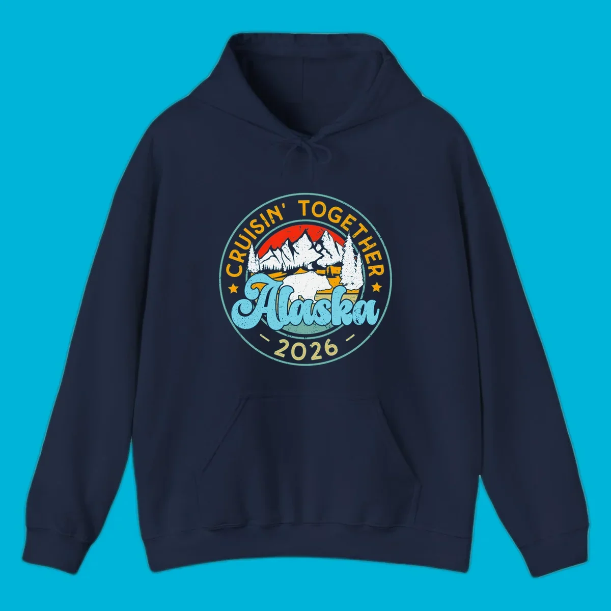 Vintage circular badge design for an Alaska 2026 cruise, with 'Cruisin' Together' text, a bear in a mountain landscape, and pine trees.