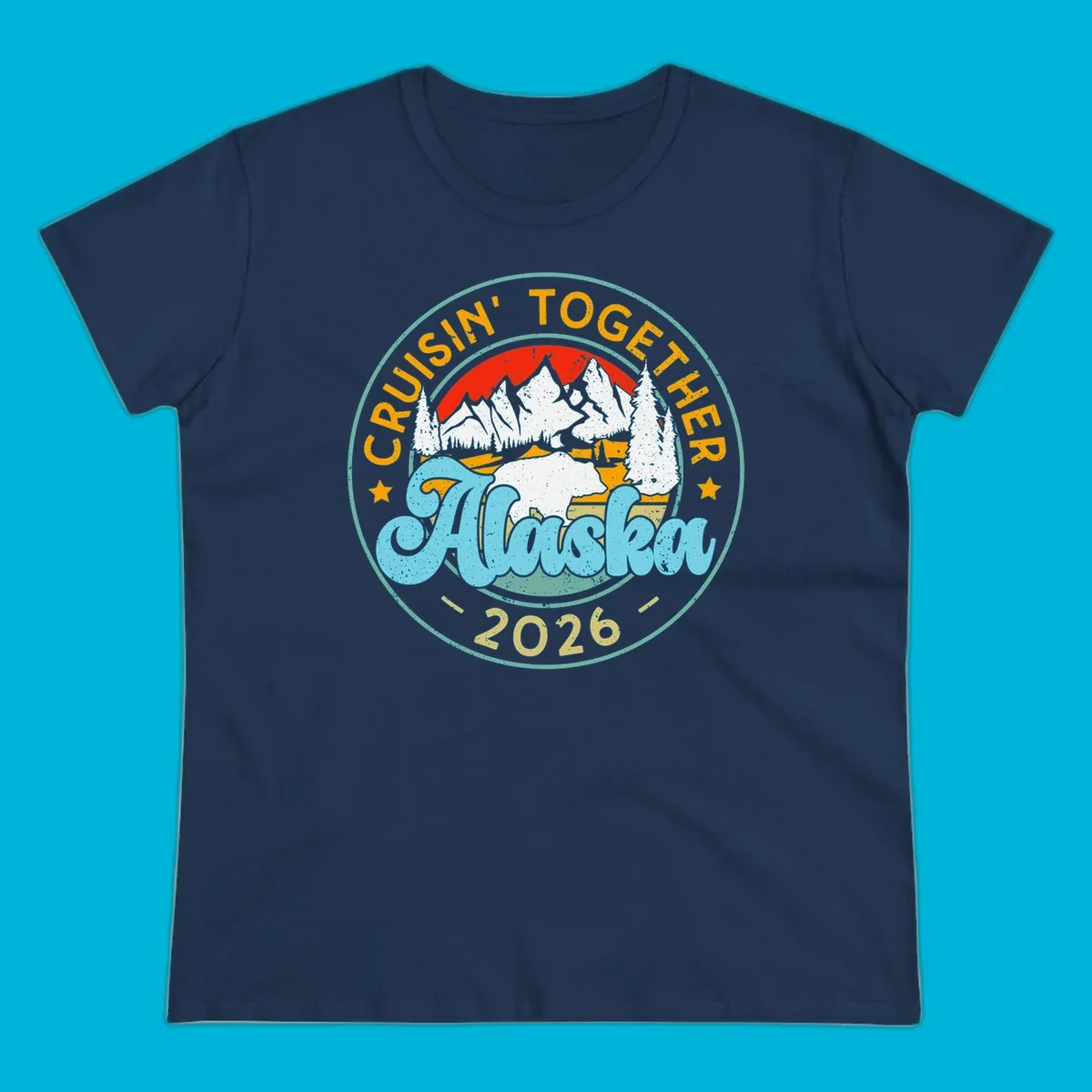 Vintage circular badge design for an Alaska 2026 cruise, with 'Cruisin' Together' text, a bear in a mountain landscape, and pine trees.