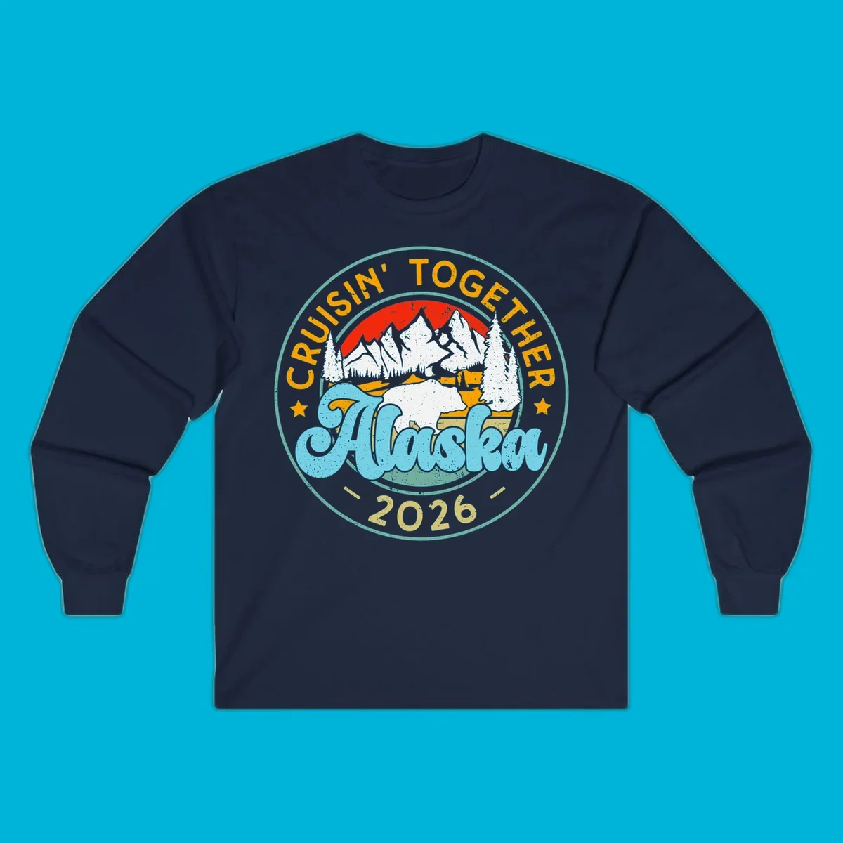 Vintage circular badge design for an Alaska 2026 cruise, with 'Cruisin' Together' text, a bear in a mountain landscape, and pine trees.
