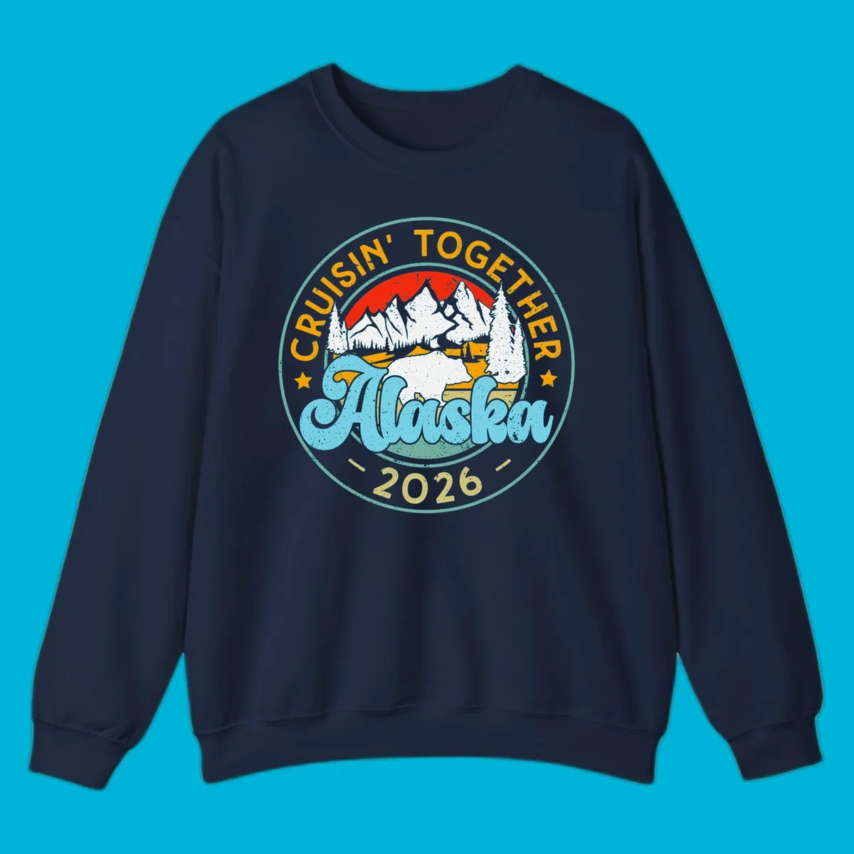 Vintage circular badge design for an Alaska 2026 cruise, with 'Cruisin' Together' text, a bear in a mountain landscape, and pine trees.