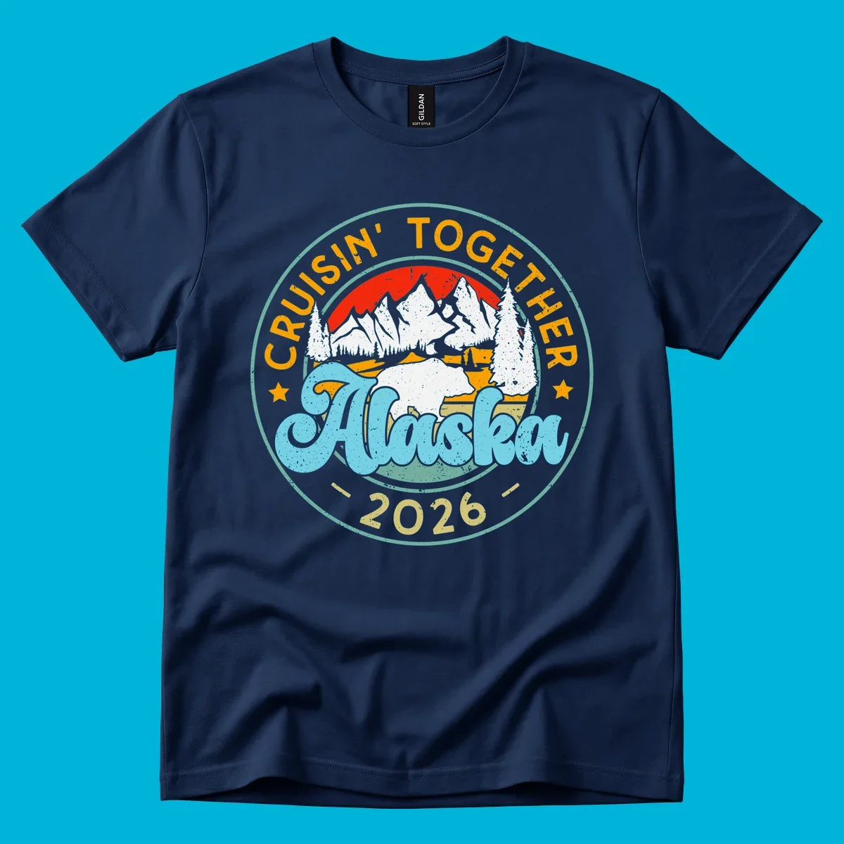 Vintage circular badge design for an Alaska 2026 cruise, with 'Cruisin' Together' text, a bear in a mountain landscape, and pine trees.