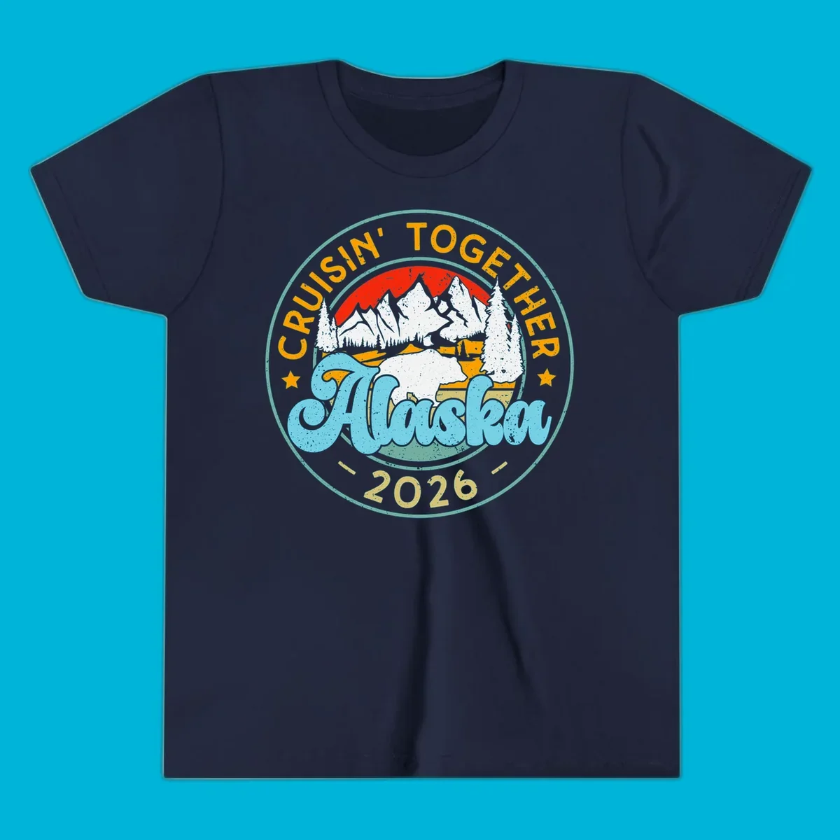 Vintage circular badge design for an Alaska 2026 cruise, with 'Cruisin' Together' text, a bear in a mountain landscape, and pine trees.