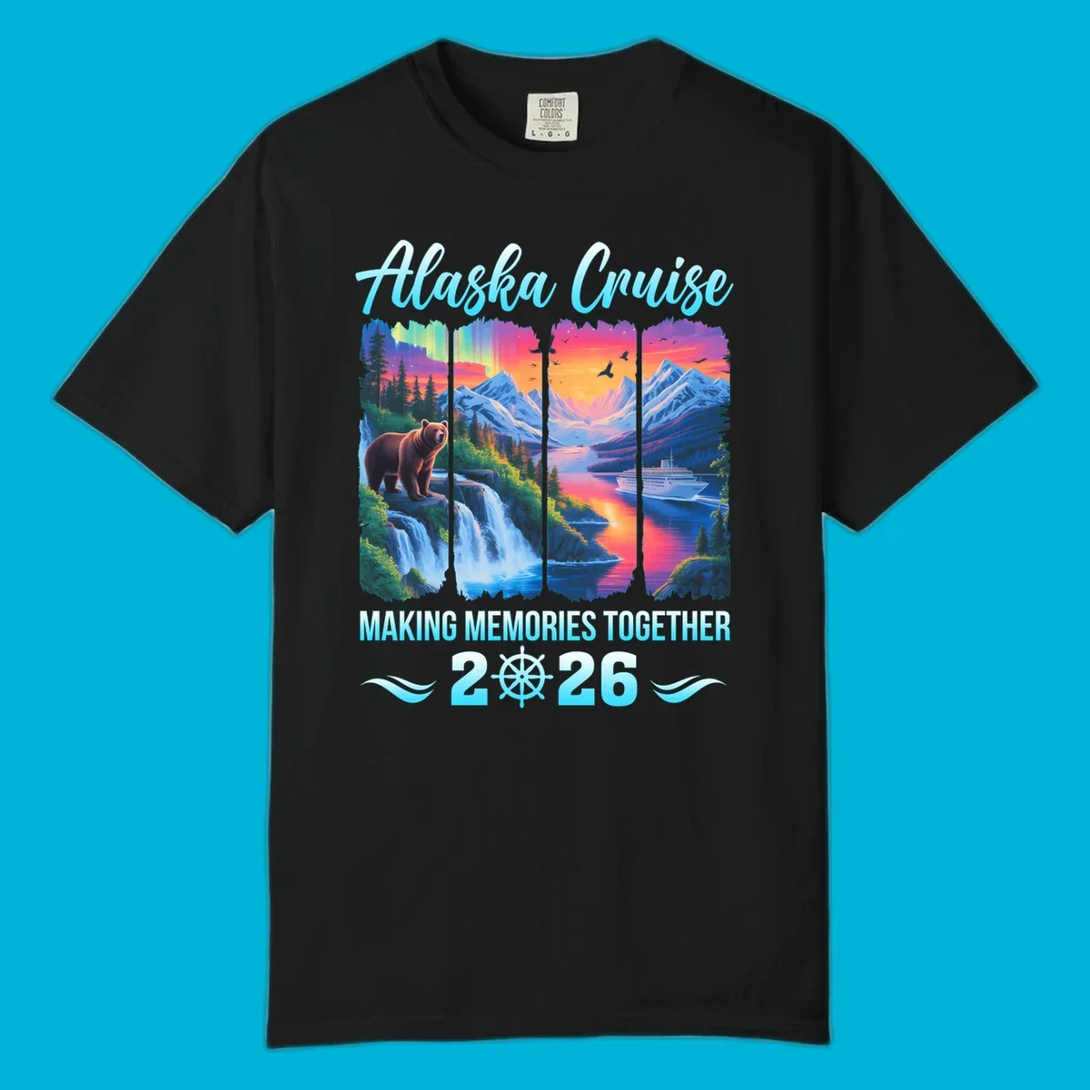 Scenic Alaska cruise design for 2026 with a brown bear, waterfall, aurora, mountains, and a ship. This alaska-memories-2026 design features the text "Alaska Cruise Making Memories Together 2026".