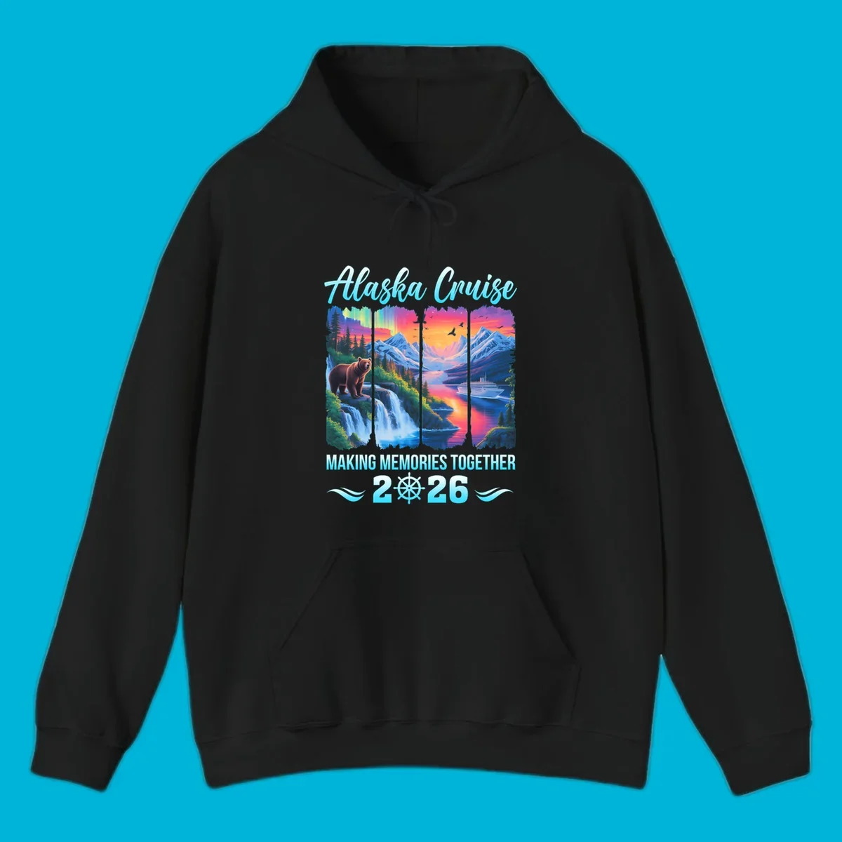 Scenic Alaska cruise design for 2026 with a brown bear, waterfall, aurora, mountains, and a ship. This alaska-memories-2026 design features the text "Alaska Cruise Making Memories Together 2026".
