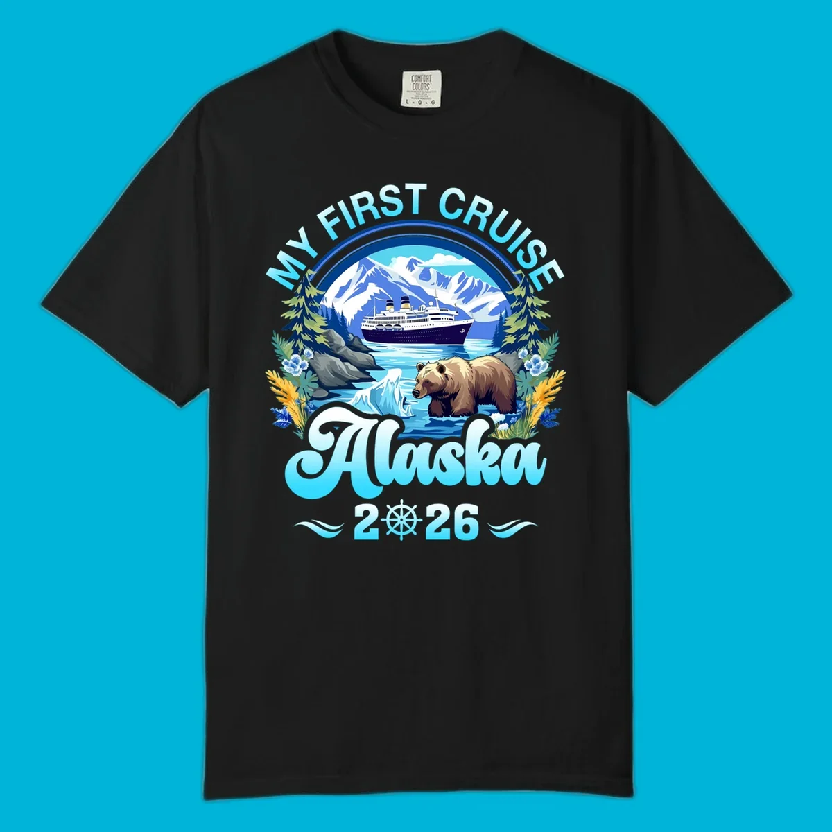 A scenic design for a my-first-alaska-cruise, featuring a ship, mountains, a bear, and the text 'MY FIRST CRUISE Alaska 2026'.