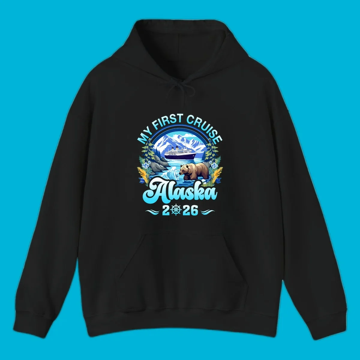 A scenic design for a my-first-alaska-cruise, featuring a ship, mountains, a bear, and the text 'MY FIRST CRUISE Alaska 2026'.