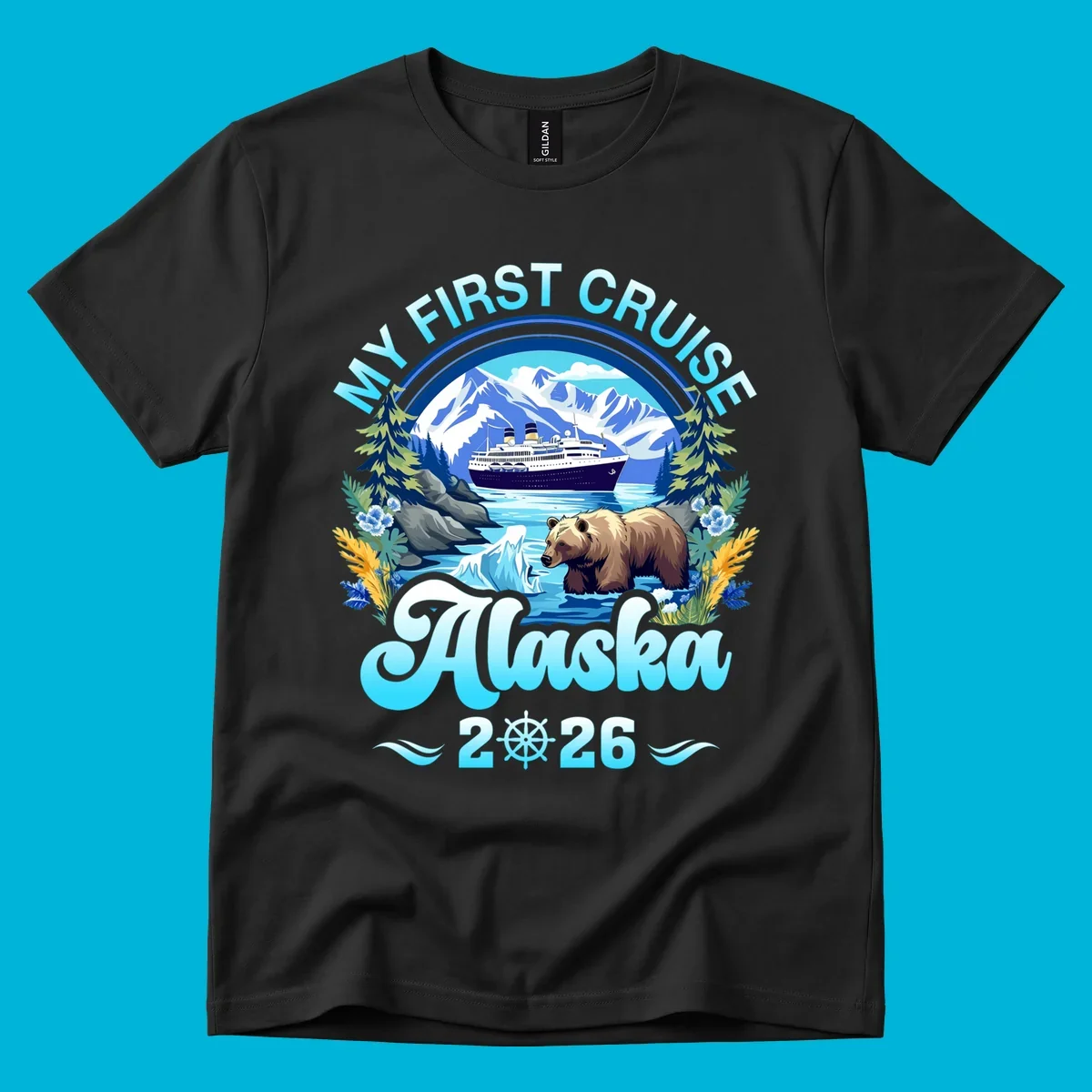 A scenic design for a my-first-alaska-cruise, featuring a ship, mountains, a bear, and the text 'MY FIRST CRUISE Alaska 2026'.