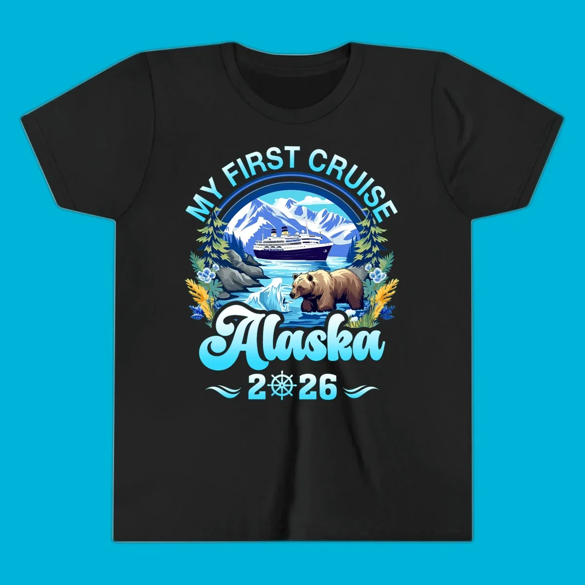 A scenic design for a my-first-alaska-cruise, featuring a ship, mountains, a bear, and the text 'MY FIRST CRUISE Alaska 2026'.