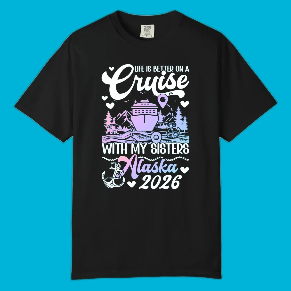 A scenic illustration for a sisters Alaska cruise 2026, featuring a ship, bear, mountains, and text.