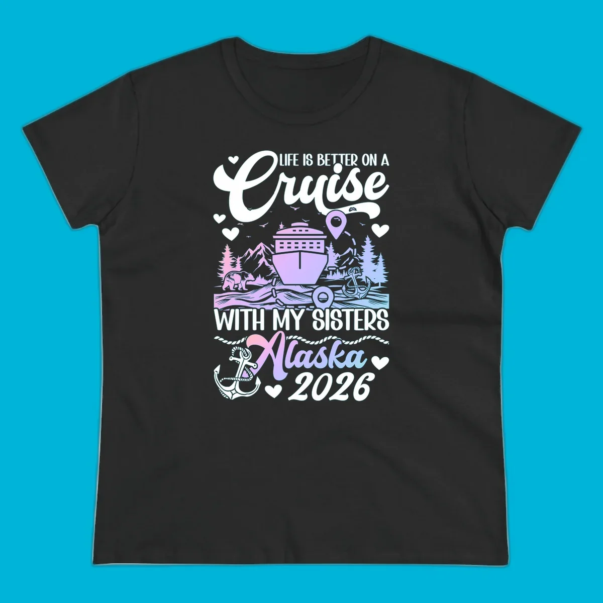 A scenic illustration for a sisters Alaska cruise 2026, featuring a ship, bear, mountains, and text.