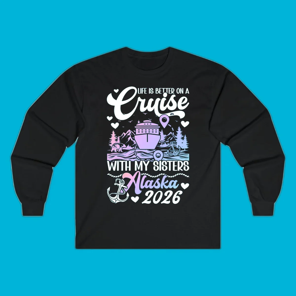 A scenic illustration for a sisters Alaska cruise 2026, featuring a ship, bear, mountains, and text.
