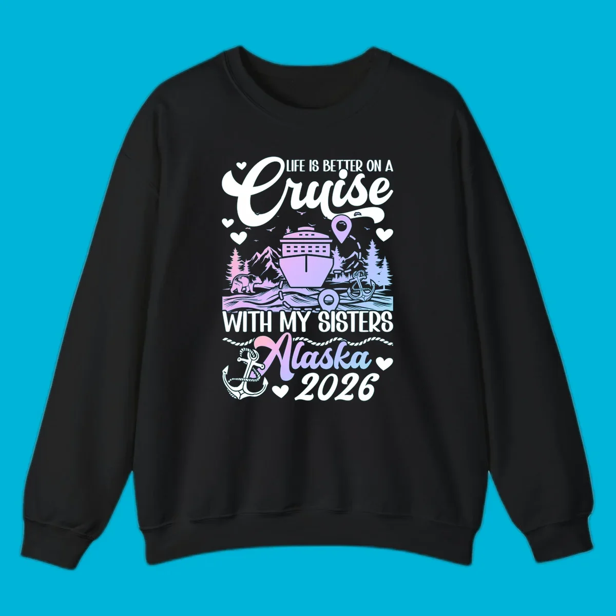 A scenic illustration for a sisters Alaska cruise 2026, featuring a ship, bear, mountains, and text.