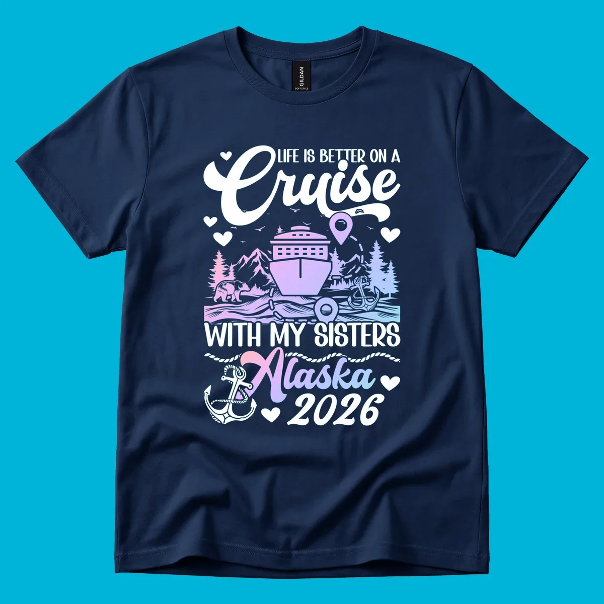 A scenic illustration for a sisters Alaska cruise 2026, featuring a ship, bear, mountains, and text.