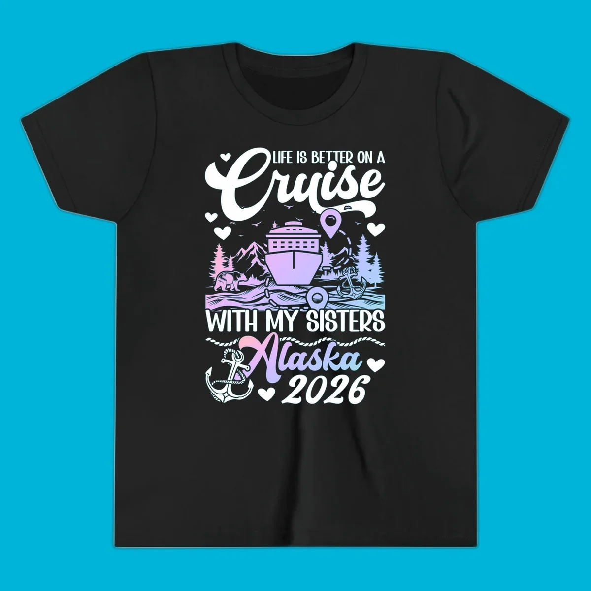 A scenic illustration for a sisters Alaska cruise 2026, featuring a ship, bear, mountains, and text.