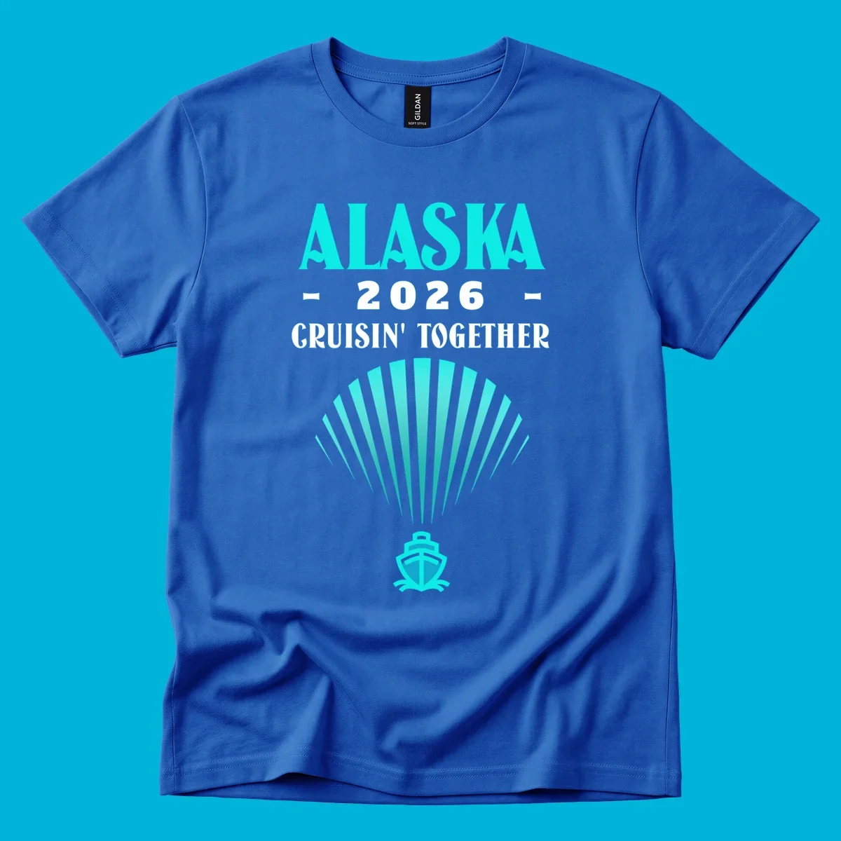 A teal design featuring the text 'ALASKA 2026 CRUISIN' TOGETHER' with a fan shape and a cruise ship icon, for an alaska-2026-cruisin-together cruise.