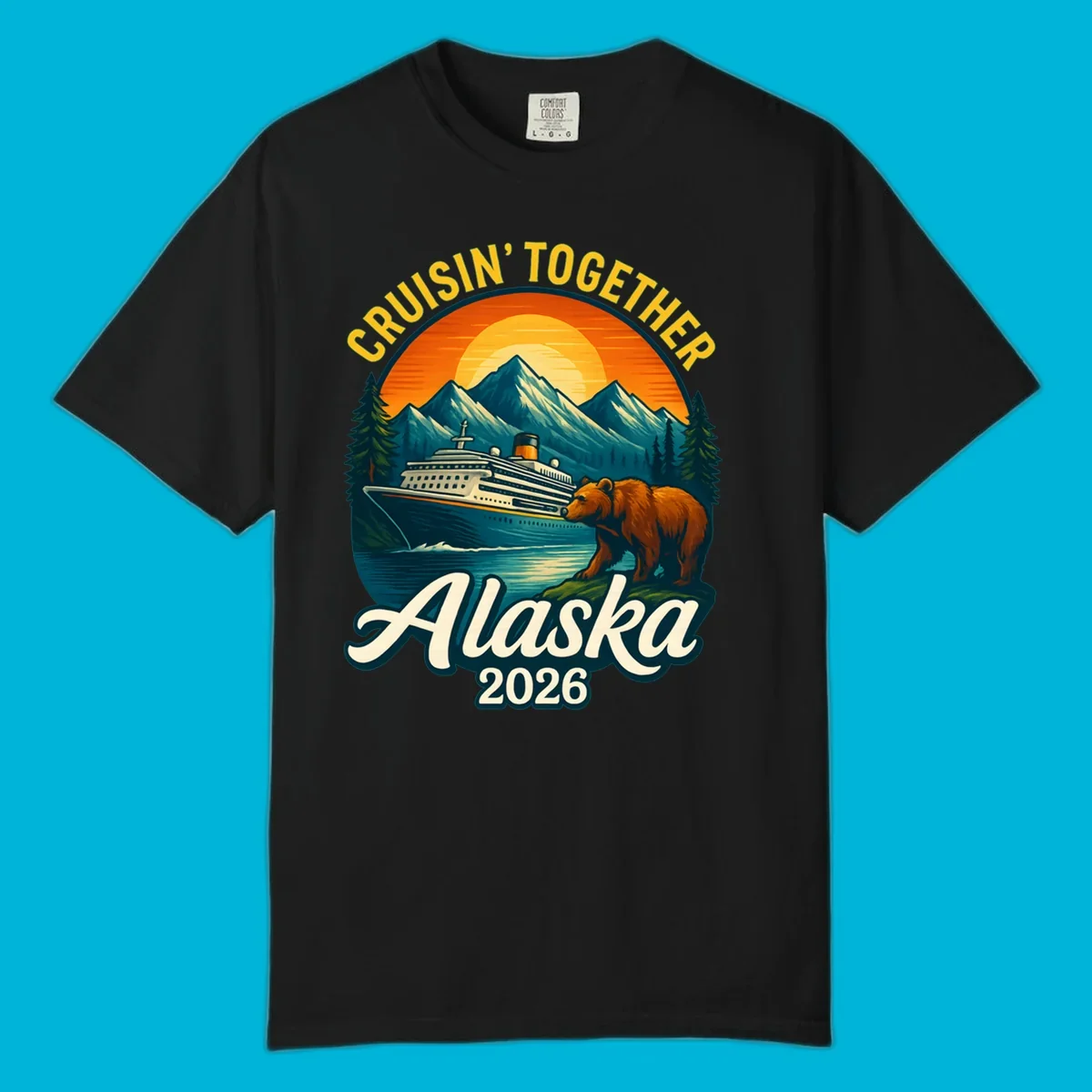 Vintage style illustration for an alaska cruisin together bear ship cruise. A ship sails past mountains, a bear stands on shore.