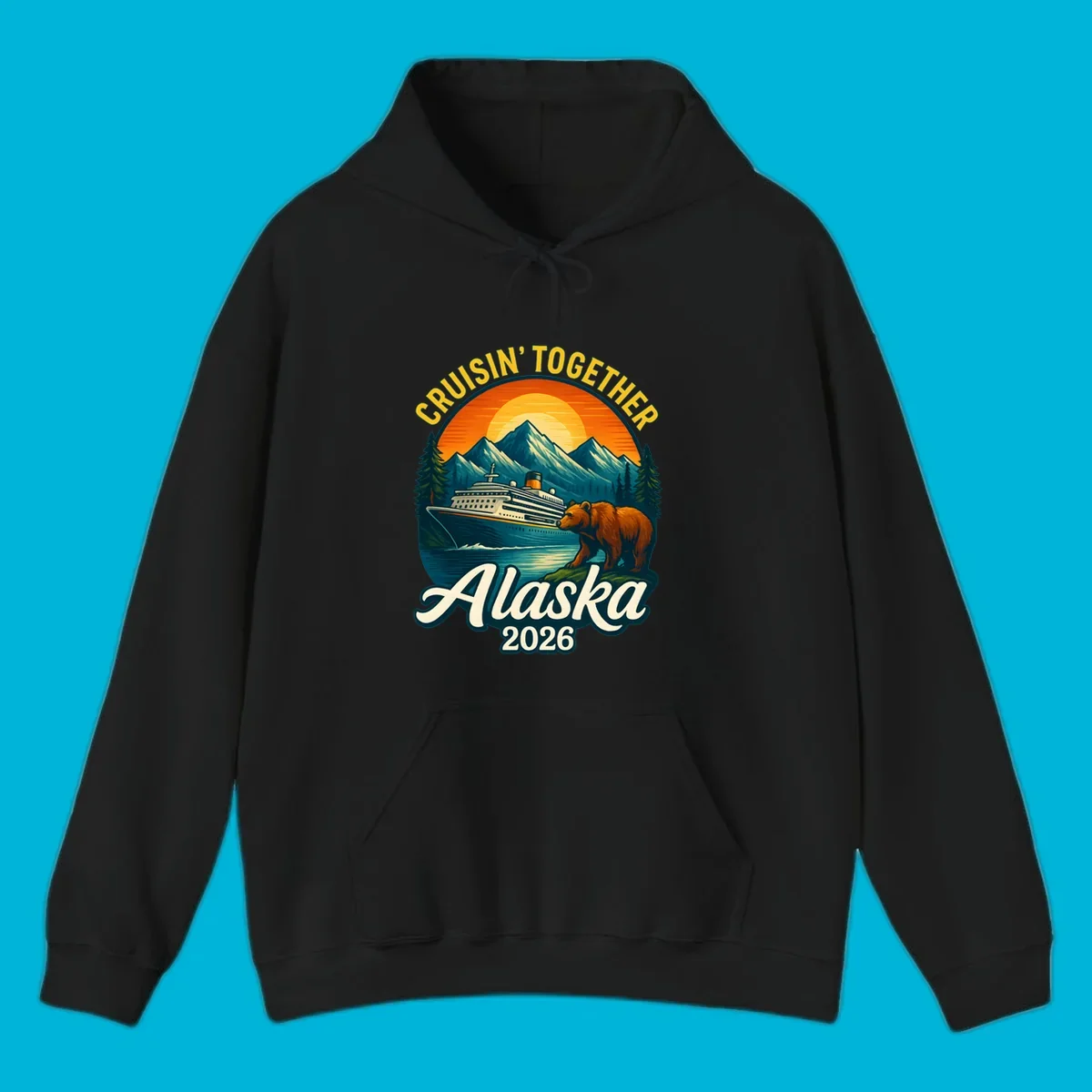 Vintage style illustration for an alaska cruisin together bear ship cruise. A ship sails past mountains, a bear stands on shore.