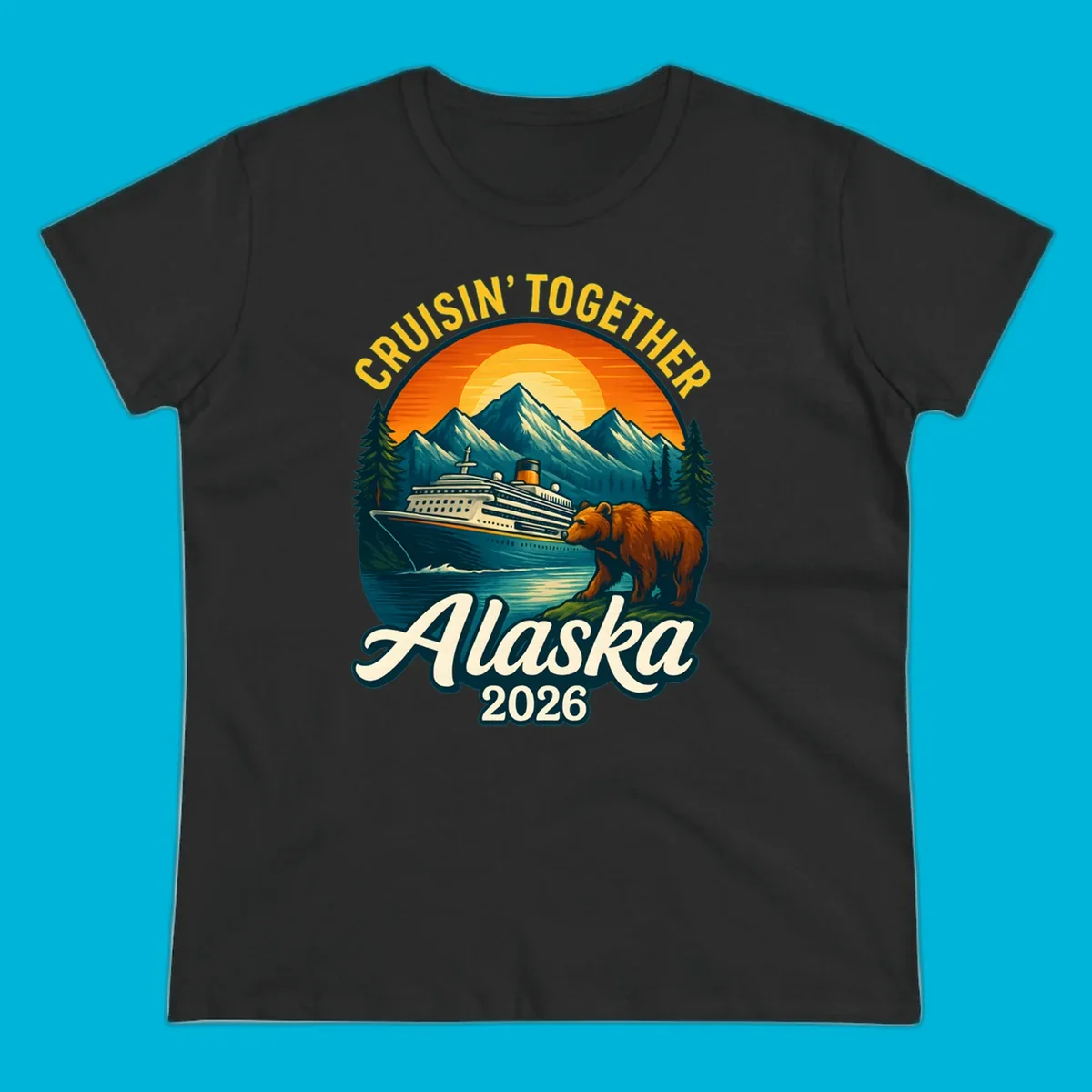 Vintage style illustration for an alaska cruisin together bear ship cruise. A ship sails past mountains, a bear stands on shore.