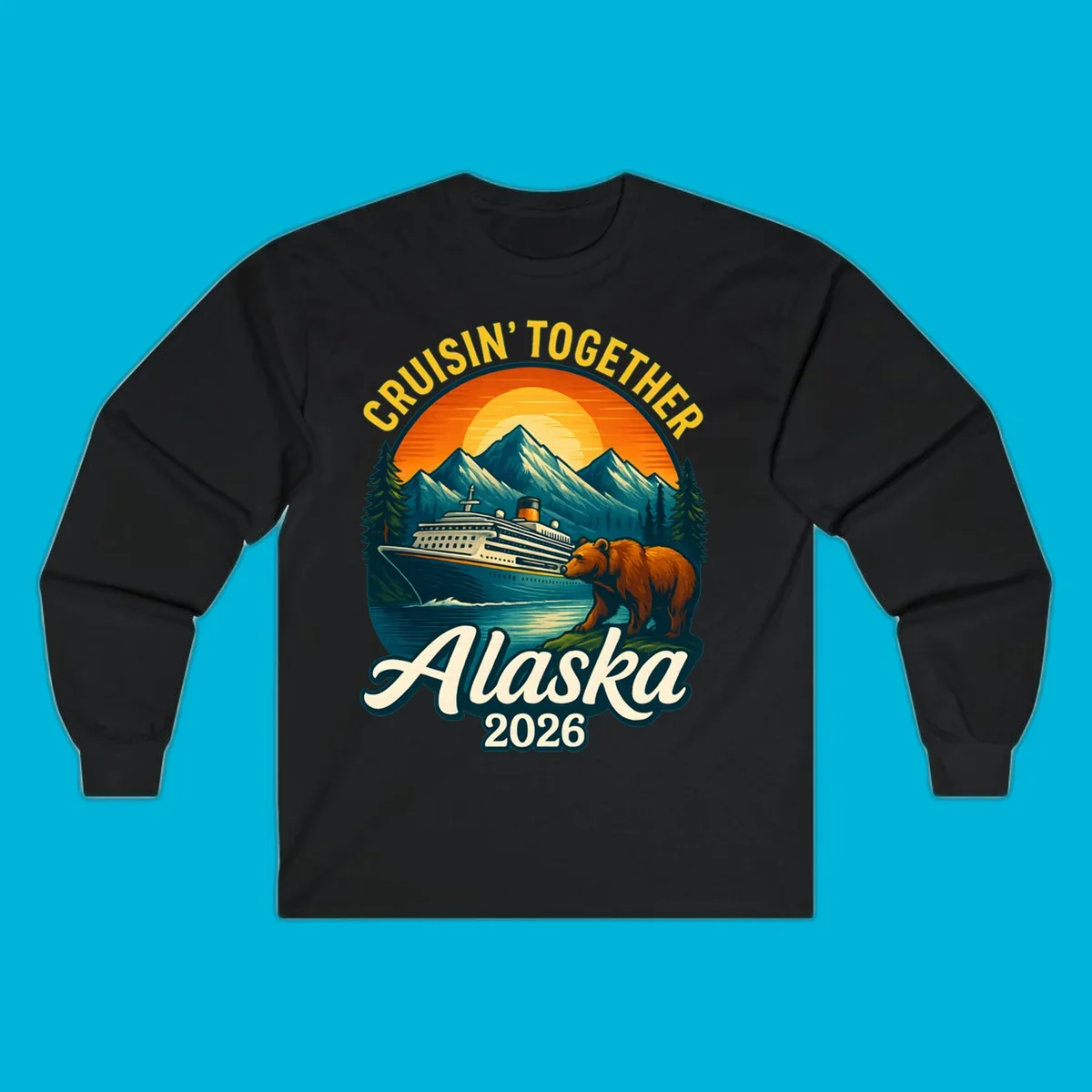 Vintage style illustration for an alaska cruisin together bear ship cruise. A ship sails past mountains, a bear stands on shore.