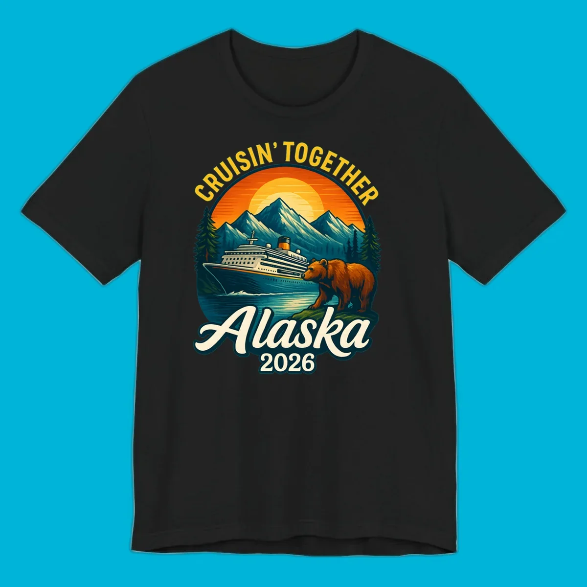 Vintage style illustration for an alaska cruisin together bear ship cruise. A ship sails past mountains, a bear stands on shore.