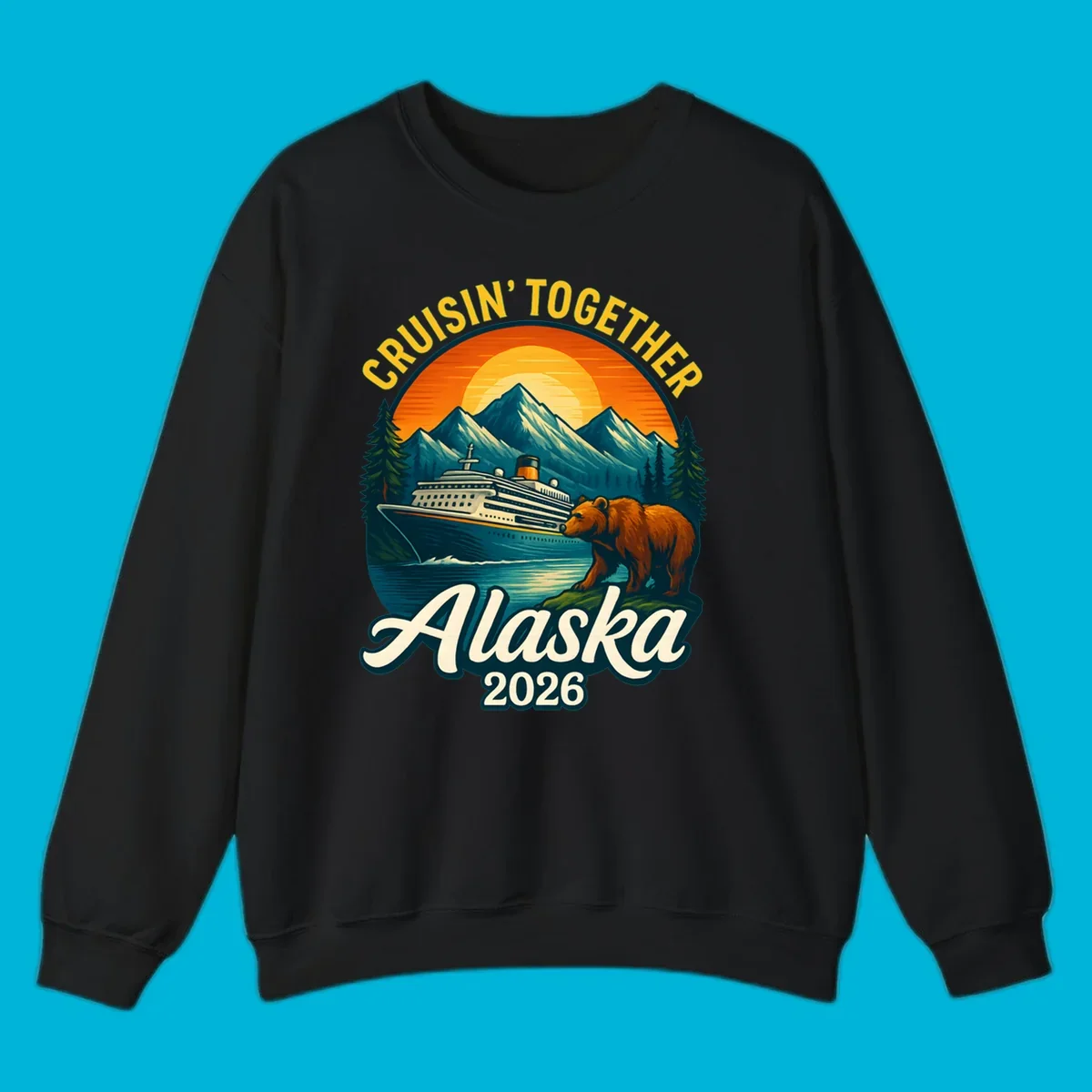 Vintage style illustration for an alaska cruisin together bear ship cruise. A ship sails past mountains, a bear stands on shore.