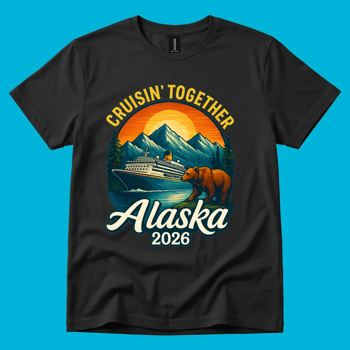 Vintage style illustration for an alaska cruisin together bear ship cruise. A ship sails past mountains, a bear stands on shore.