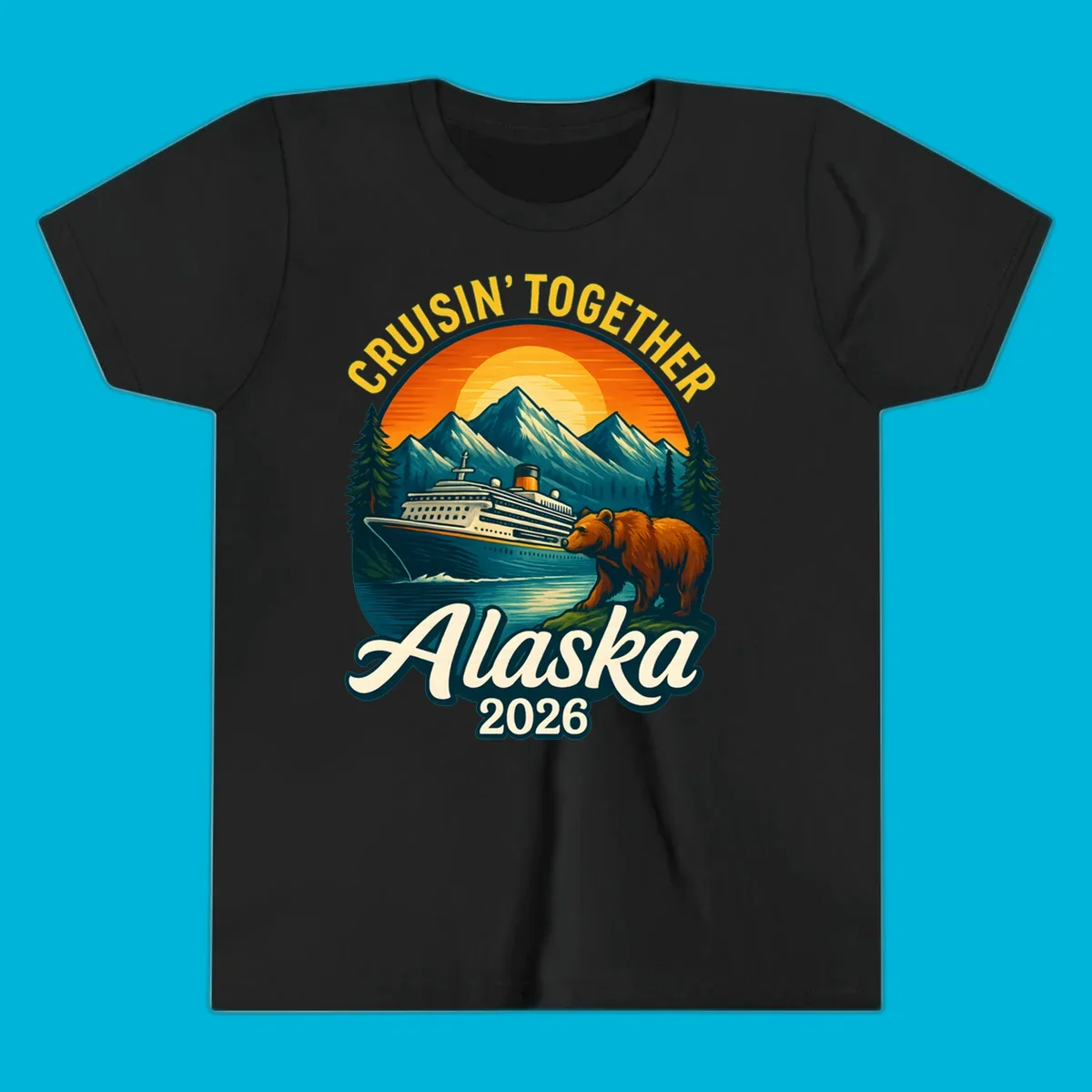 Vintage style illustration for an alaska cruisin together bear ship cruise. A ship sails past mountains, a bear stands on shore.
