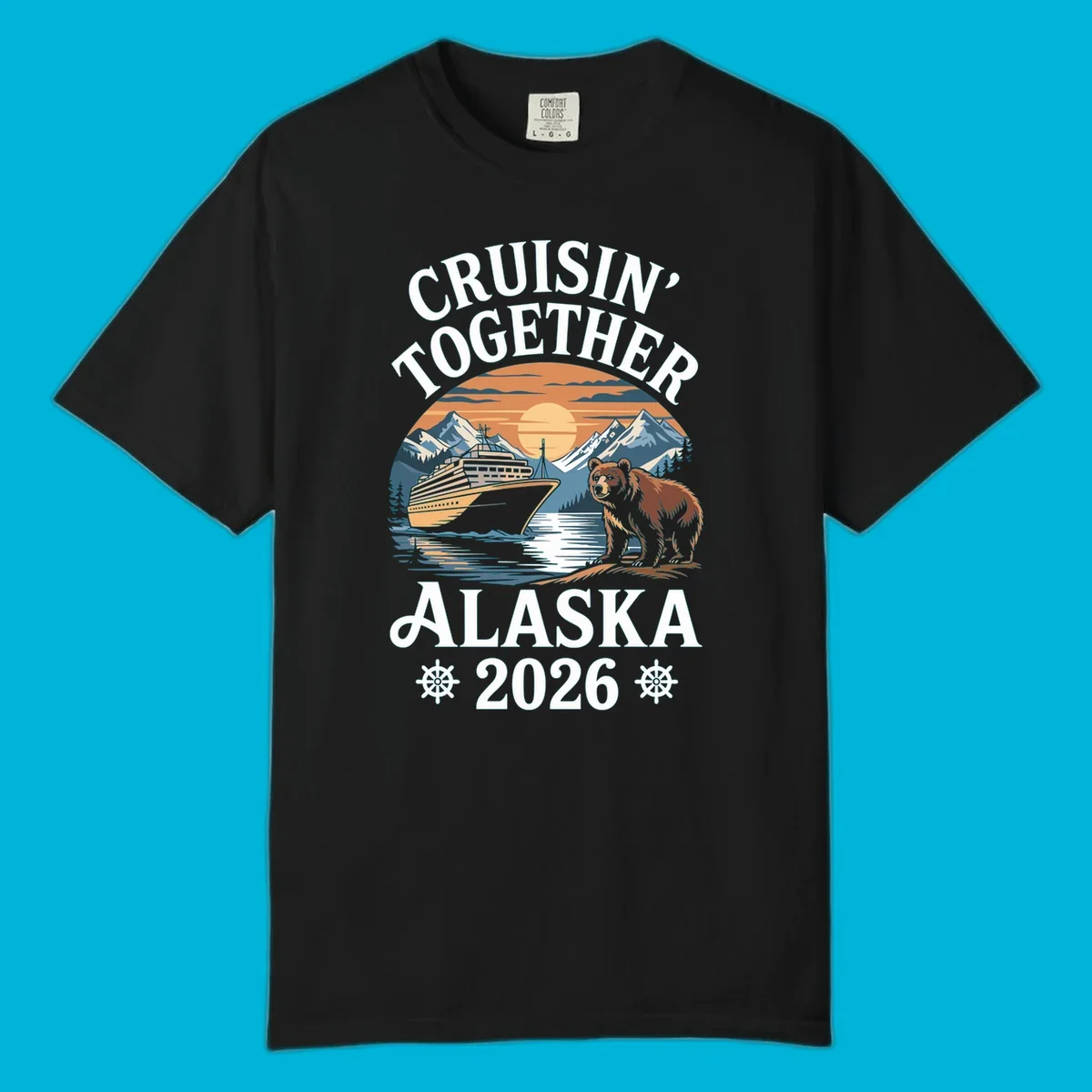 A scenic illustration for a cruisin-together-alaska-2026 trip, showing a cruise ship, mountains, a sun, and a bear.