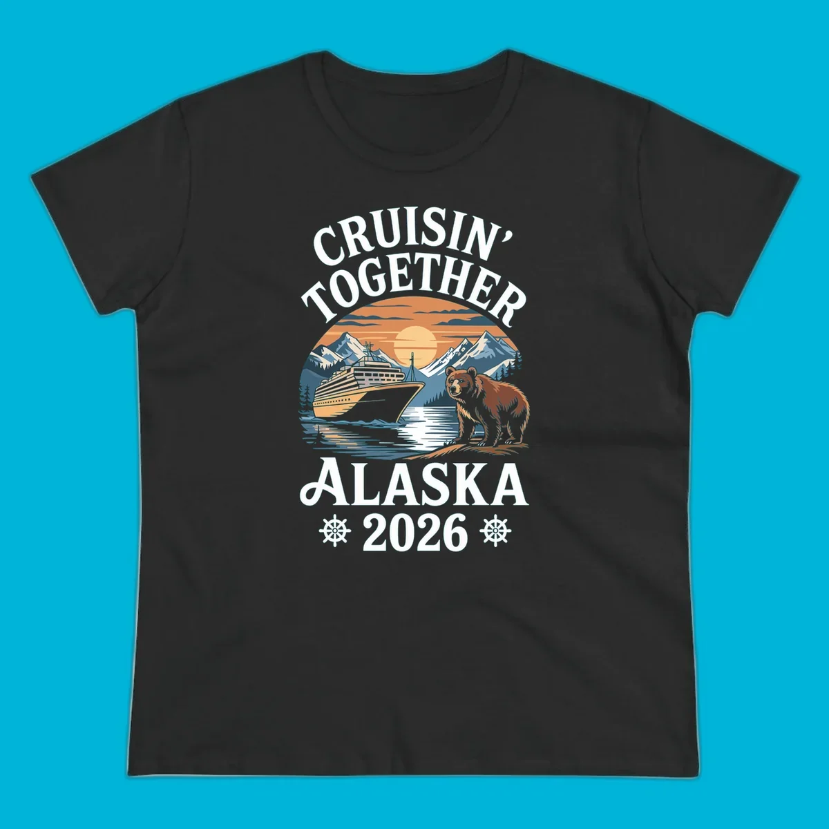 A scenic illustration for a cruisin-together-alaska-2026 trip, showing a cruise ship, mountains, a sun, and a bear.