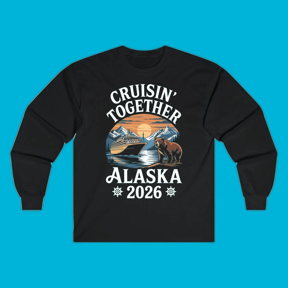 A scenic illustration for a cruisin-together-alaska-2026 trip, showing a cruise ship, mountains, a sun, and a bear.