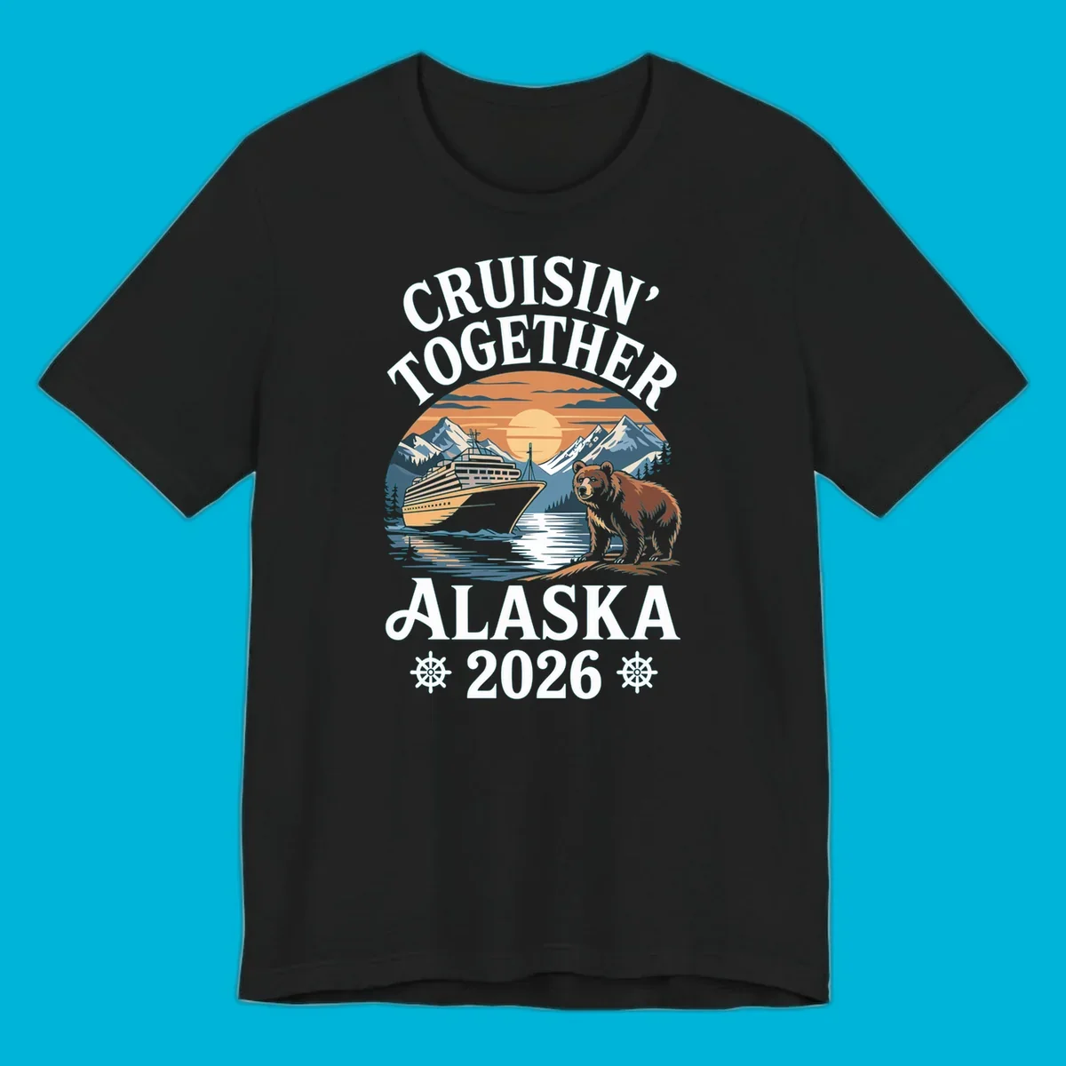 A scenic illustration for a cruisin-together-alaska-2026 trip, showing a cruise ship, mountains, a sun, and a bear.