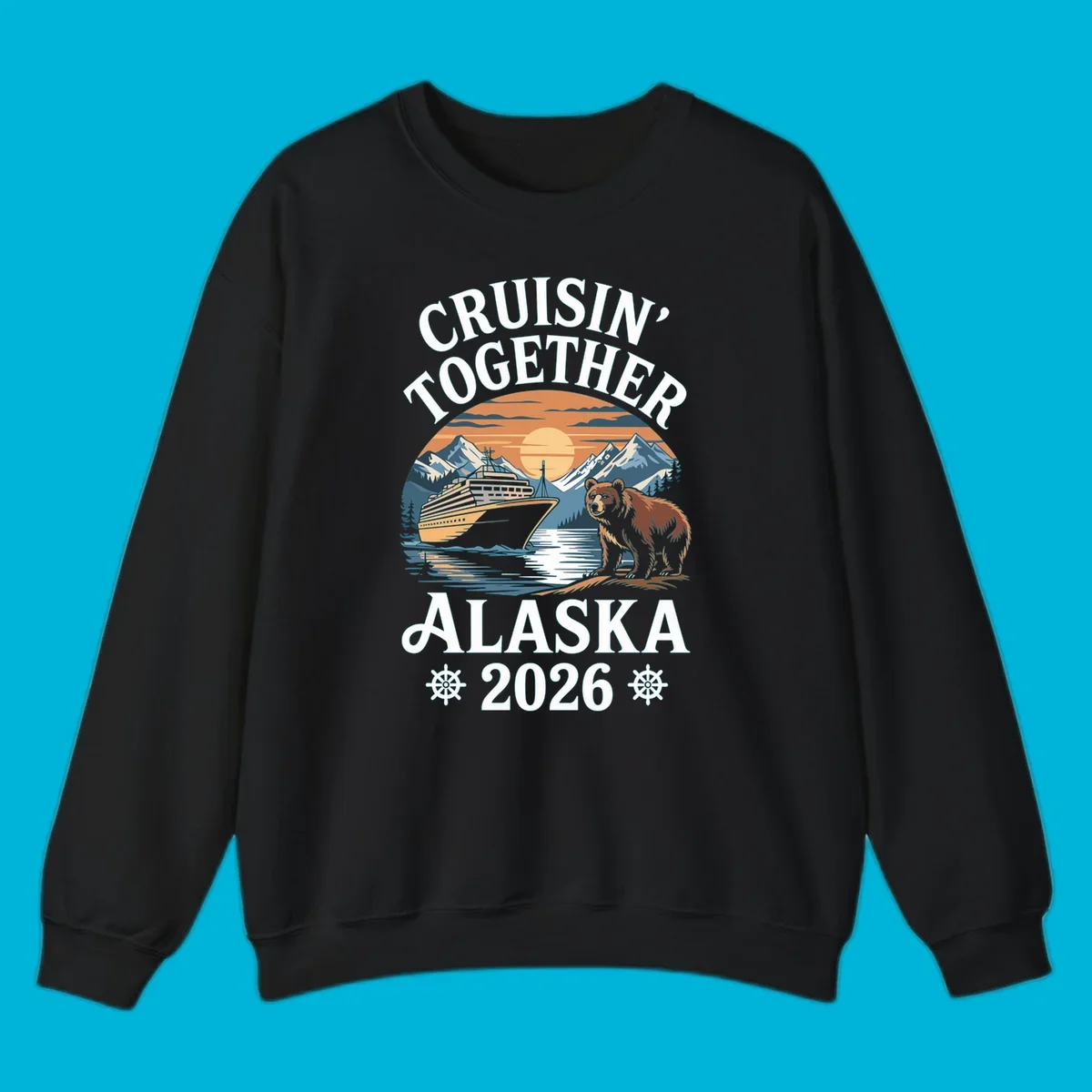 A scenic illustration for a cruisin-together-alaska-2026 trip, showing a cruise ship, mountains, a sun, and a bear.