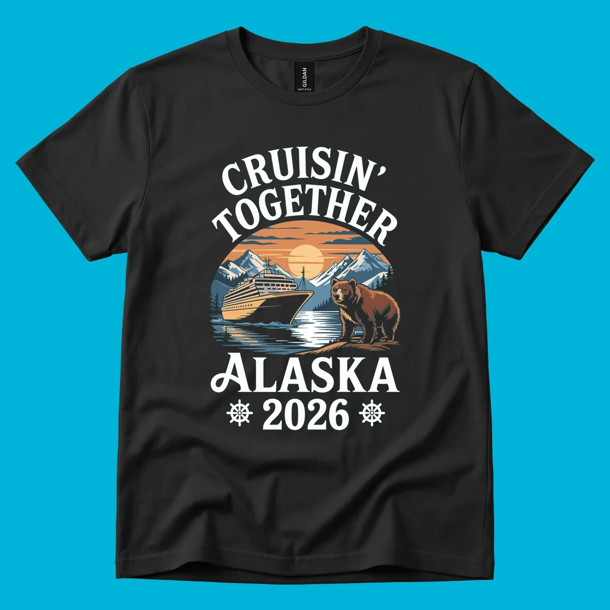 A scenic illustration for a cruisin-together-alaska-2026 trip, showing a cruise ship, mountains, a sun, and a bear.