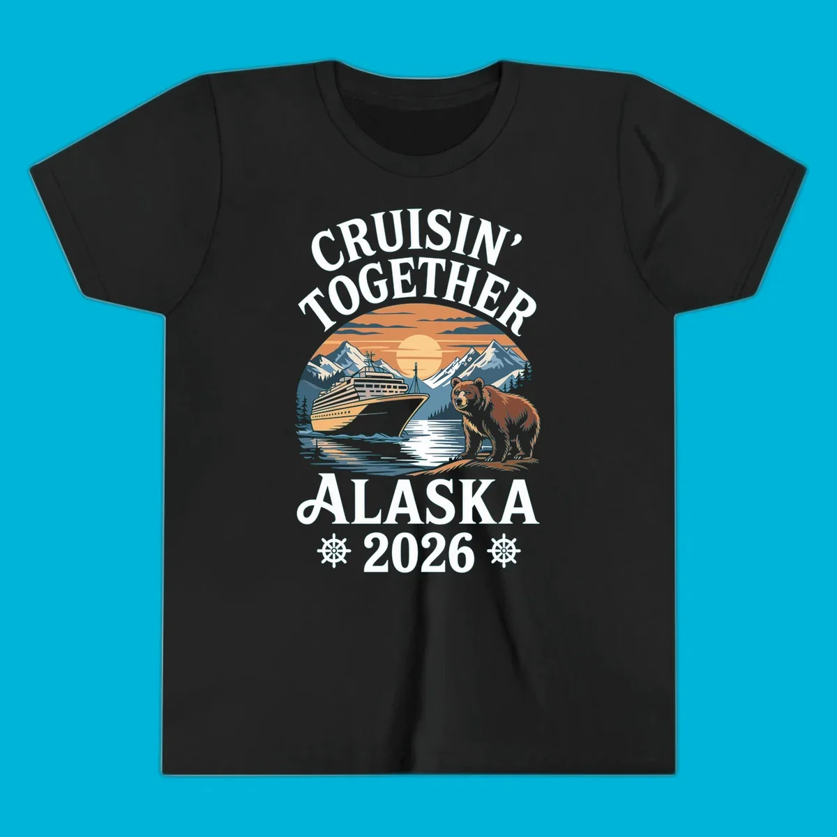 A scenic illustration for a cruisin-together-alaska-2026 trip, showing a cruise ship, mountains, a sun, and a bear.