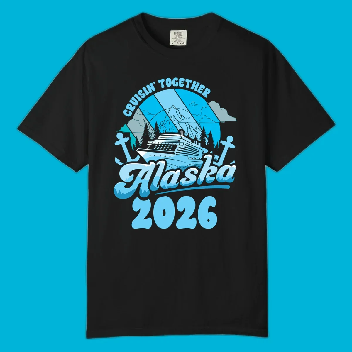 An illustrated design for an Alaska cruise in 2026, featuring a ship, mountains, trees, and anchors.