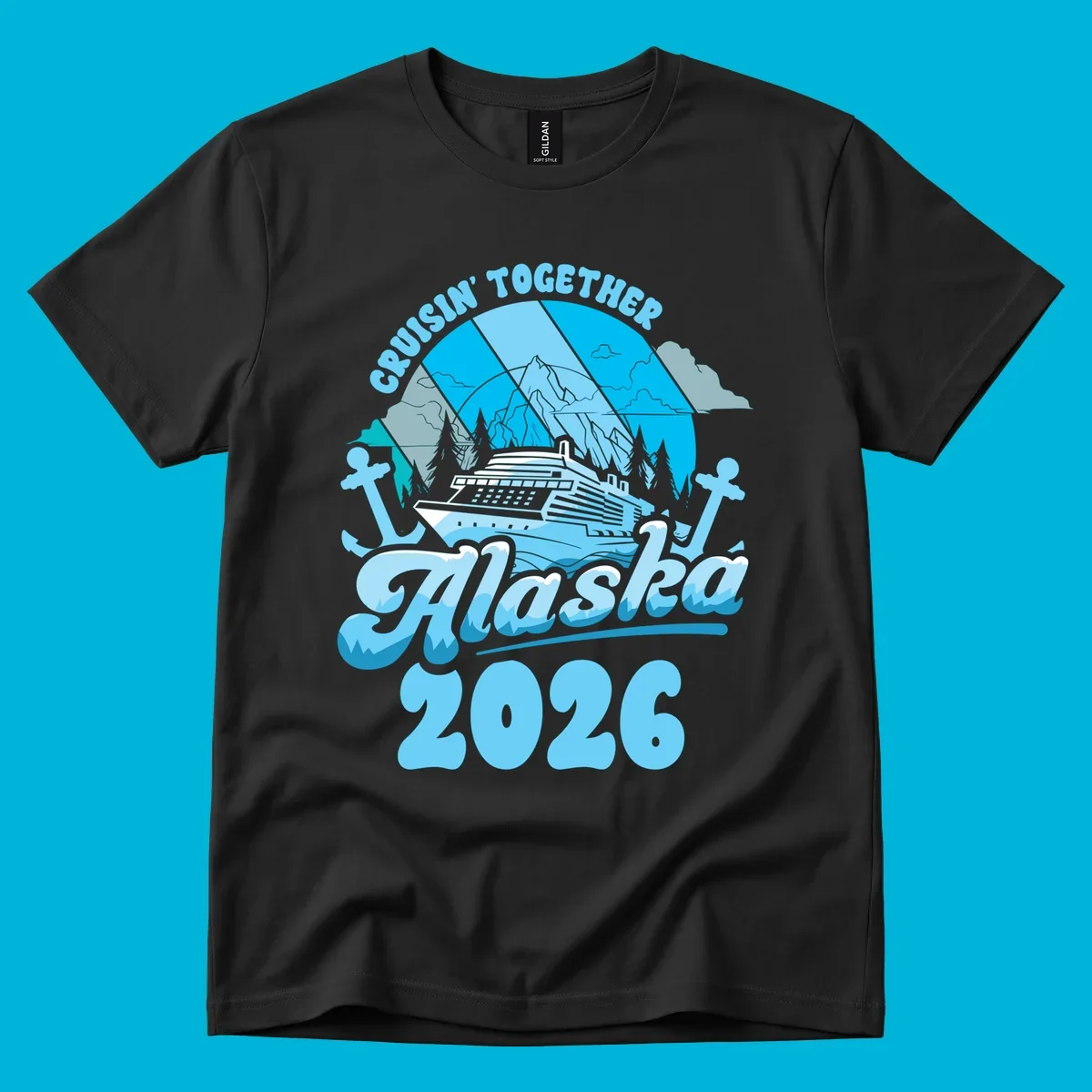 An illustrated design for an Alaska cruise in 2026, featuring a ship, mountains, trees, and anchors.