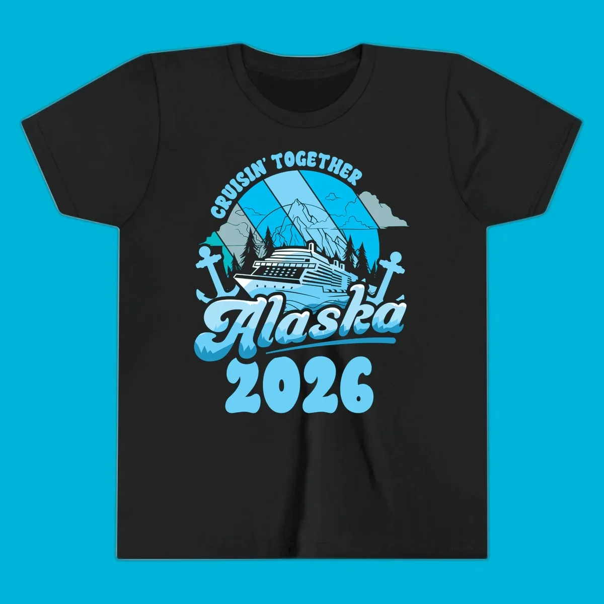 An illustrated design for an Alaska cruise in 2026, featuring a ship, mountains, trees, and anchors.