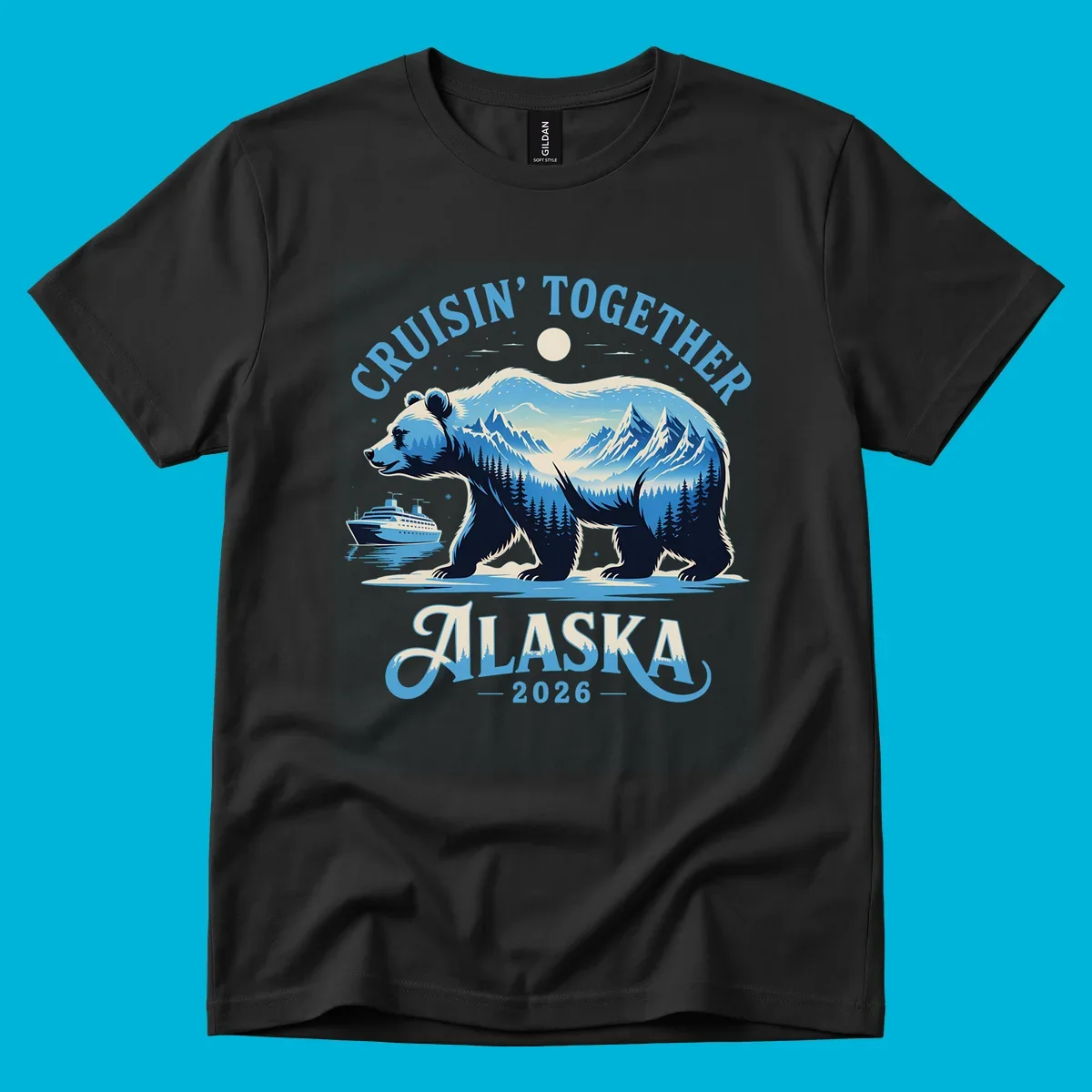 A stylized blue bear with mountains and trees inside its silhouette stands by a cruise ship. Text says 'CRUISIN' TOGETHER ALASKA 2026' for an alaska-cruise-bear-2026 design.