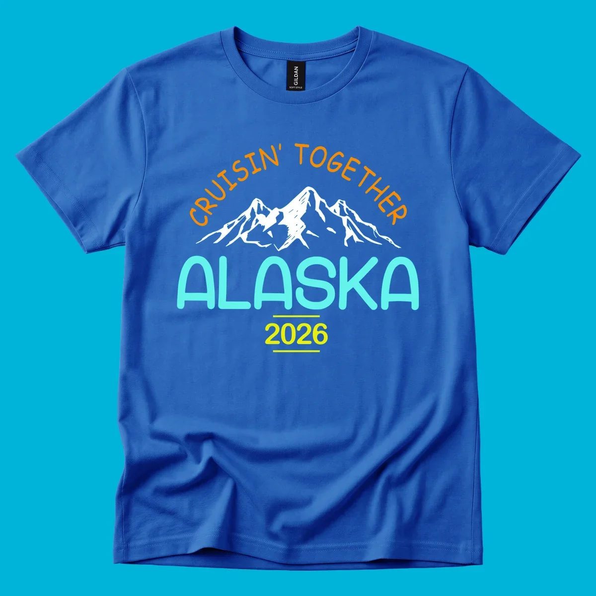 Cruisin' Together Alaska 2026 design featuring text and scenic mountains for a group cruise.