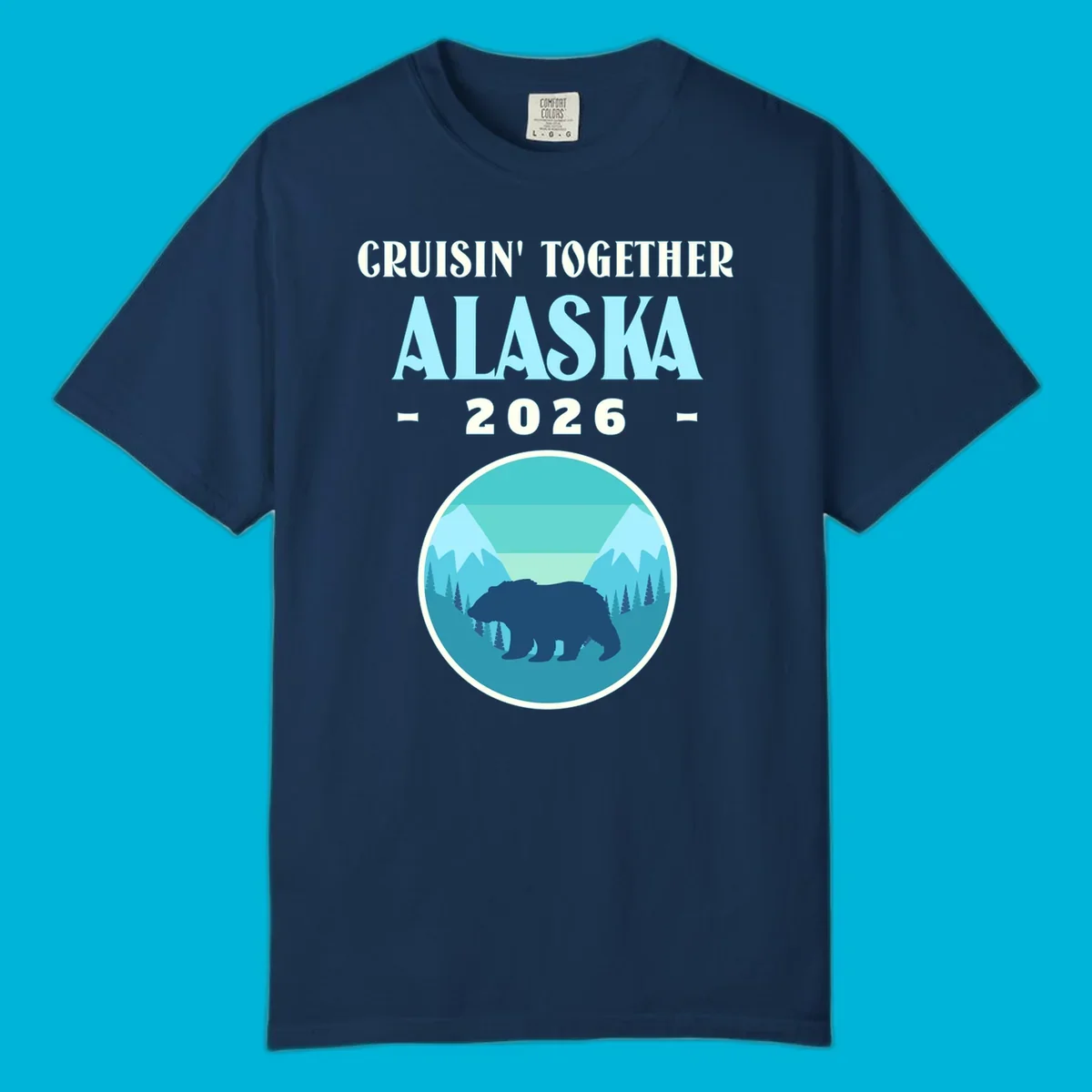 A scenic design for an Alaska 2026 cruise, featuring a dark blue bear silhouette against a light blue and teal mountain landscape.