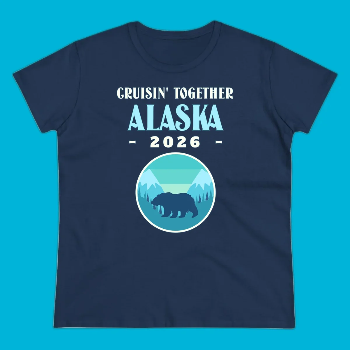 A scenic design for an Alaska 2026 cruise, featuring a dark blue bear silhouette against a light blue and teal mountain landscape.