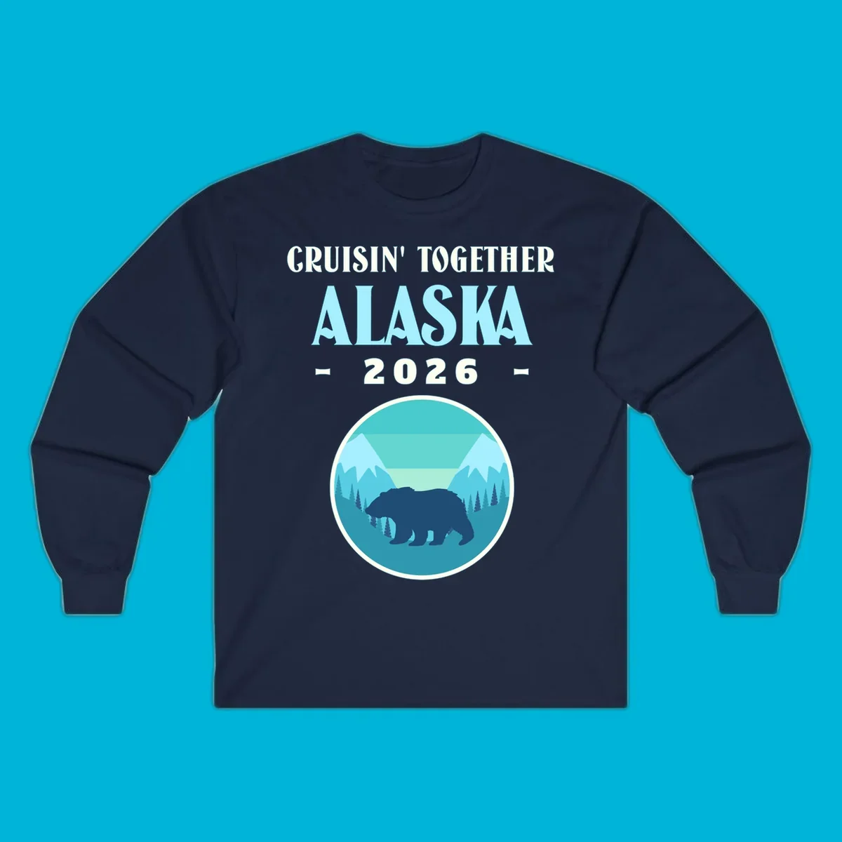 A scenic design for an Alaska 2026 cruise, featuring a dark blue bear silhouette against a light blue and teal mountain landscape.