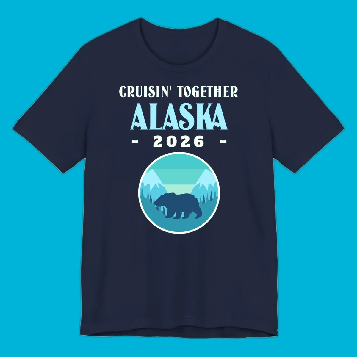 A scenic design for an Alaska 2026 cruise, featuring a dark blue bear silhouette against a light blue and teal mountain landscape.