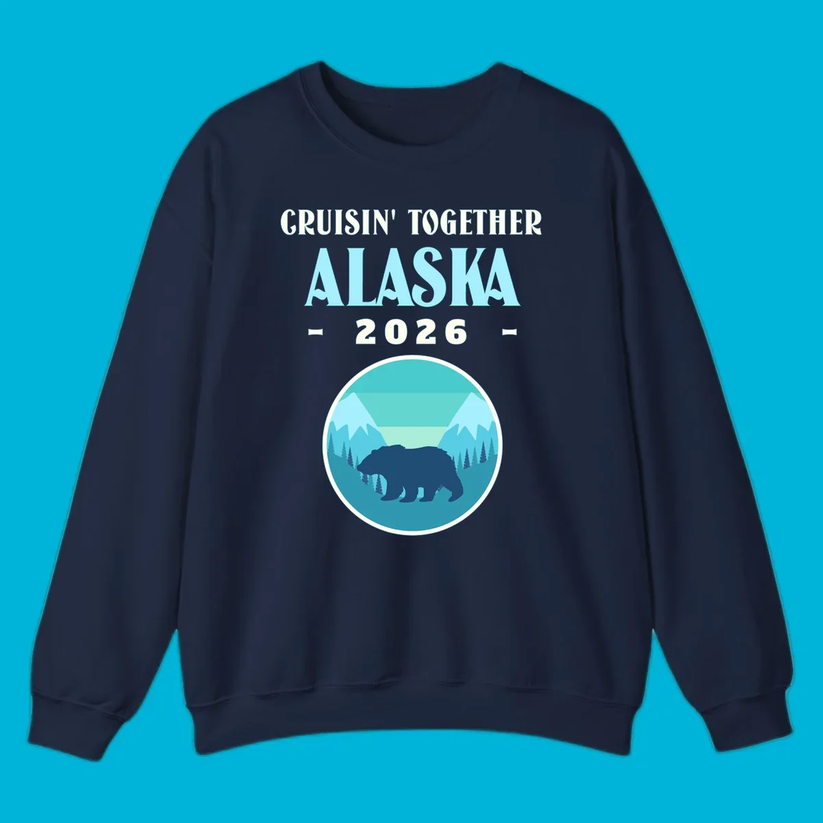 A scenic design for an Alaska 2026 cruise, featuring a dark blue bear silhouette against a light blue and teal mountain landscape.