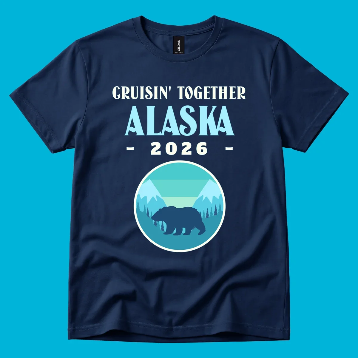 A scenic design for an Alaska 2026 cruise, featuring a dark blue bear silhouette against a light blue and teal mountain landscape.